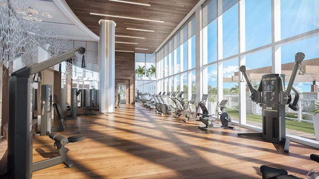 gym with floor to ceiling windows, wooden ceiling, a high ceiling, and hardwood / wood-style flooring