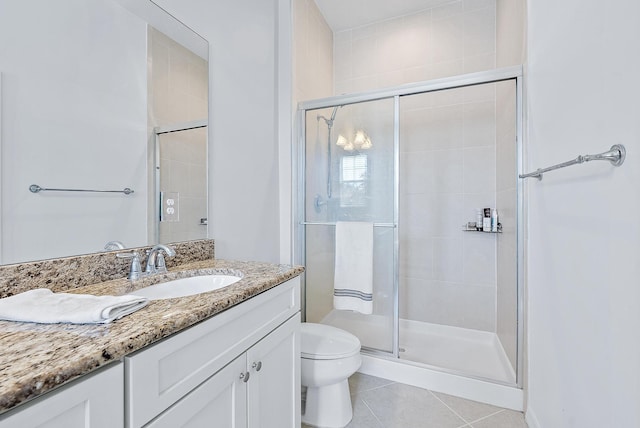 bathroom with tile patterned floors, vanity, toilet, and an enclosed shower