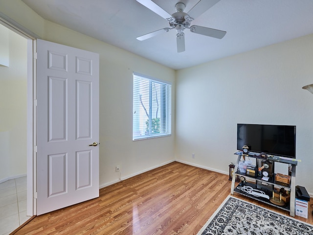 office space featuring ceiling fan and light hardwood / wood-style flooring