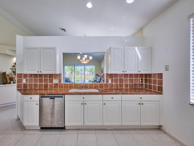 kitchen with white cabinets, backsplash, stainless steel dishwasher, and sink