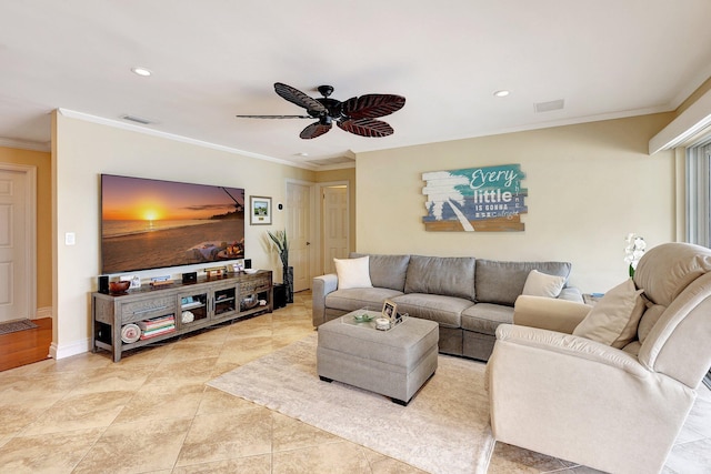 living area featuring visible vents, recessed lighting, and ornamental molding