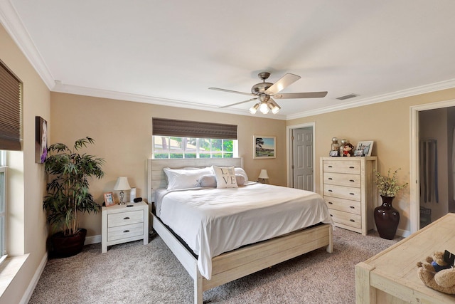 bedroom with light carpet, baseboards, and ornamental molding