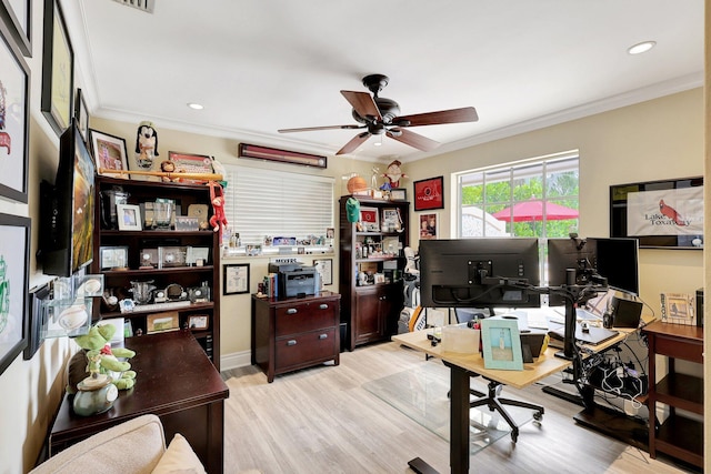 office area with ceiling fan, recessed lighting, wood finished floors, and crown molding