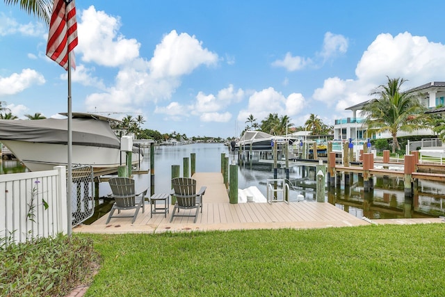 dock area featuring a lawn, a water view, and boat lift