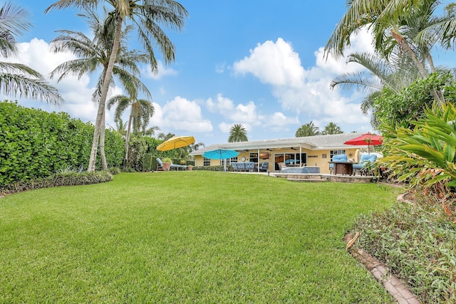 view of yard featuring a patio area and ceiling fan