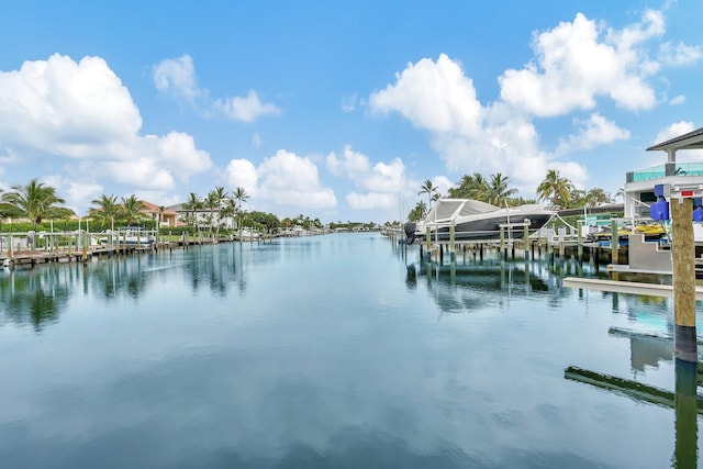 water view with boat lift and a dock