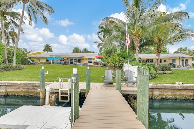 dock area with a yard and a water view