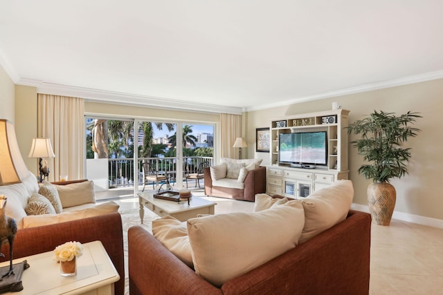 tiled living room featuring crown molding