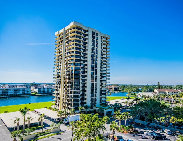 view of building exterior featuring a water view