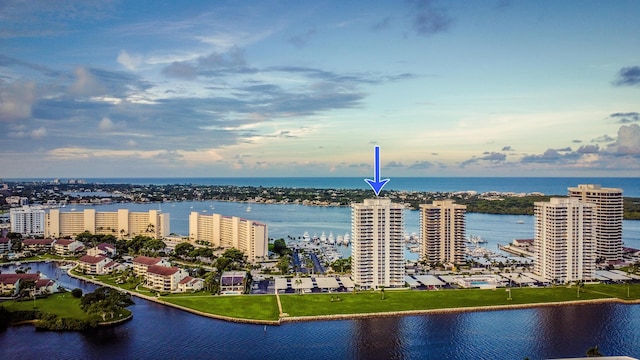 birds eye view of property with a water view