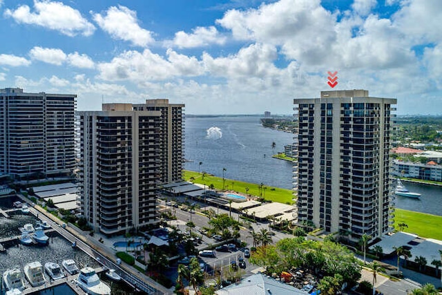 drone / aerial view featuring a water view