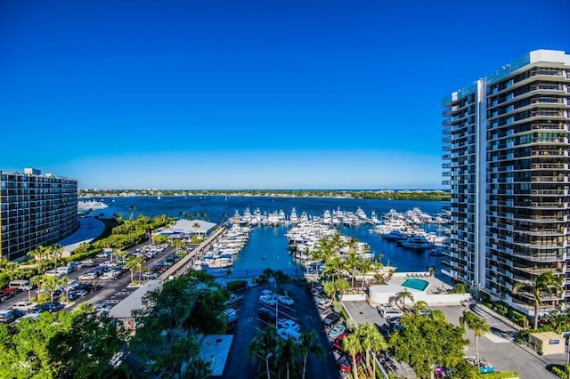 drone / aerial view with a water view