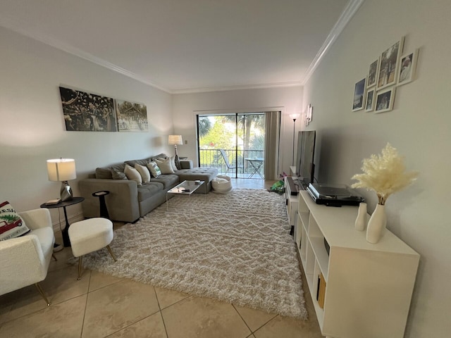 living room with light tile patterned flooring and ornamental molding