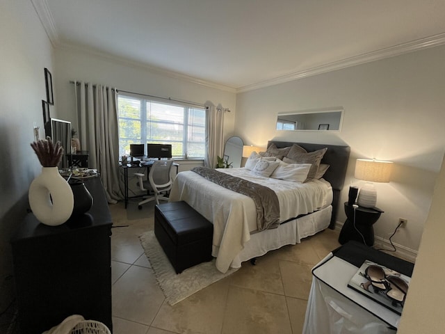 bedroom featuring light tile patterned floors and ornamental molding