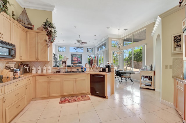 kitchen featuring kitchen peninsula, tasteful backsplash, ornamental molding, sink, and light tile patterned floors