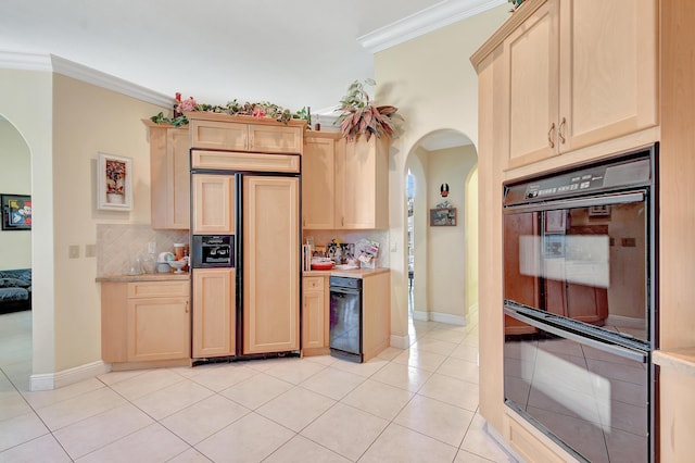 kitchen featuring light brown cabinets, crown molding, paneled built in refrigerator, double oven, and light tile patterned flooring