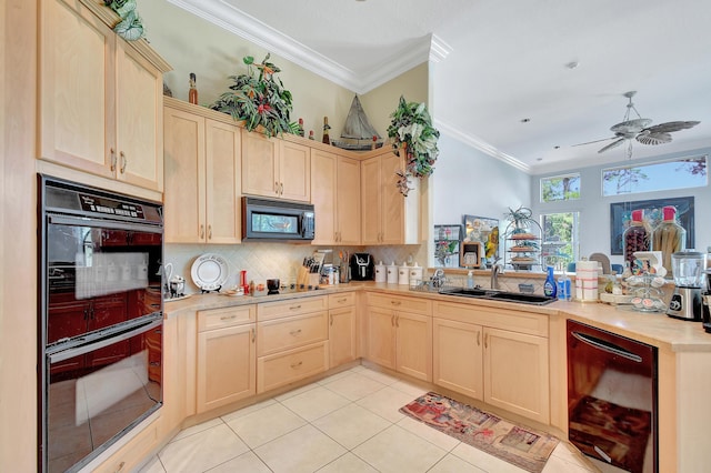 kitchen with black appliances, light brown cabinets, ornamental molding, and sink