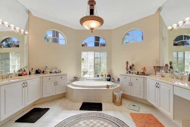 bathroom with a relaxing tiled tub, a towering ceiling, and crown molding