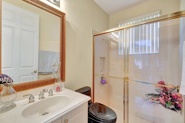 bathroom featuring vanity, a shower with shower door, and toilet