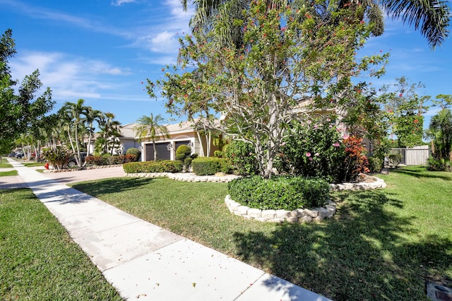 obstructed view of property with a front yard and a garage