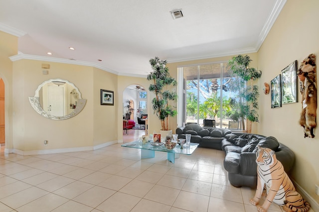 tiled living room with ornamental molding