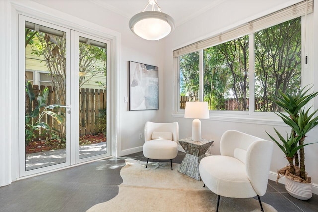 living area featuring ornamental molding