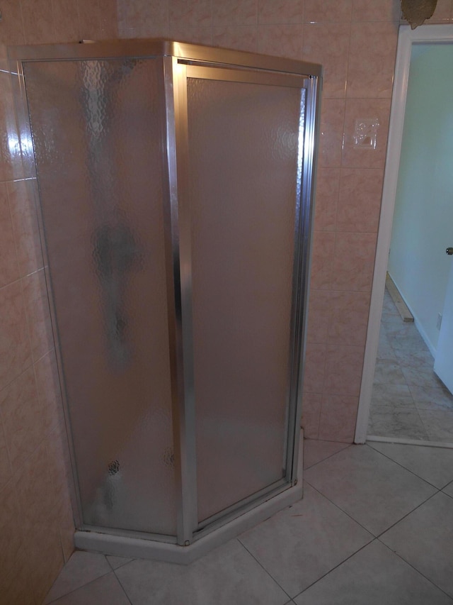 bathroom featuring tile patterned flooring and an enclosed shower