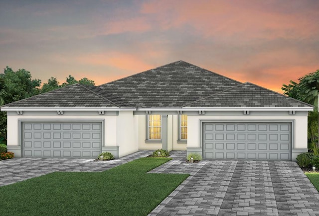 view of front of property featuring a yard, decorative driveway, an attached garage, and stucco siding