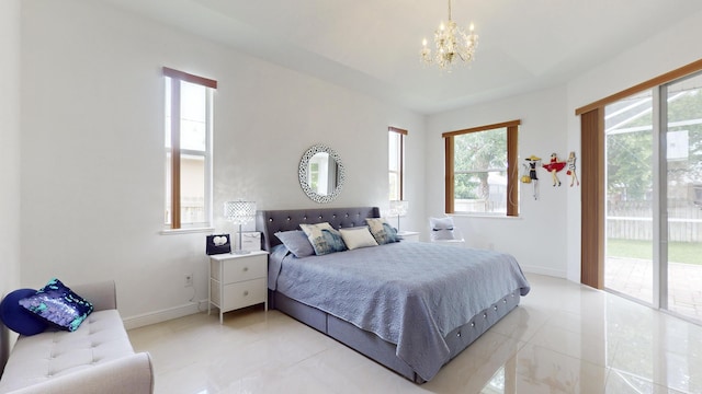 tiled bedroom with a chandelier, access to outside, and multiple windows