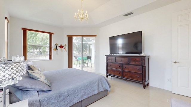 bedroom with a raised ceiling, a notable chandelier, and access to outside