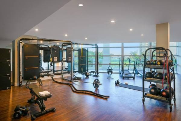 gym with hardwood / wood-style flooring and floor to ceiling windows