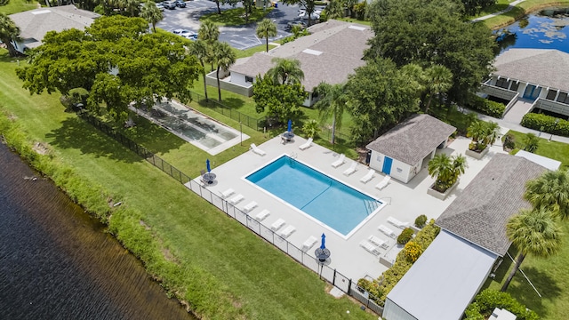 drone / aerial view featuring a water view