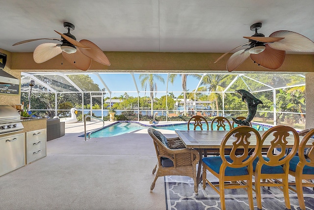 view of pool with a patio area, a grill, ceiling fan, and glass enclosure