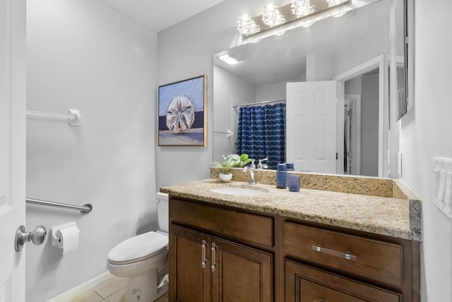 bathroom featuring walk in shower, tile patterned flooring, vanity, and toilet