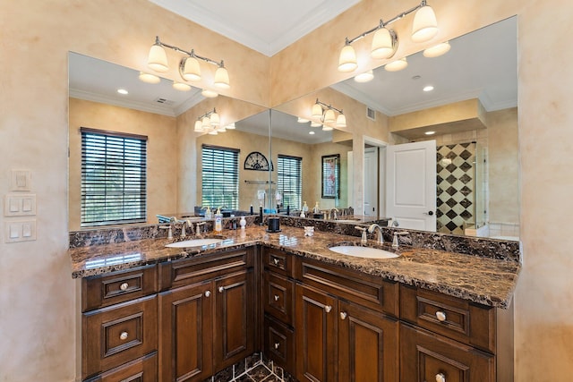 bathroom featuring crown molding and vanity