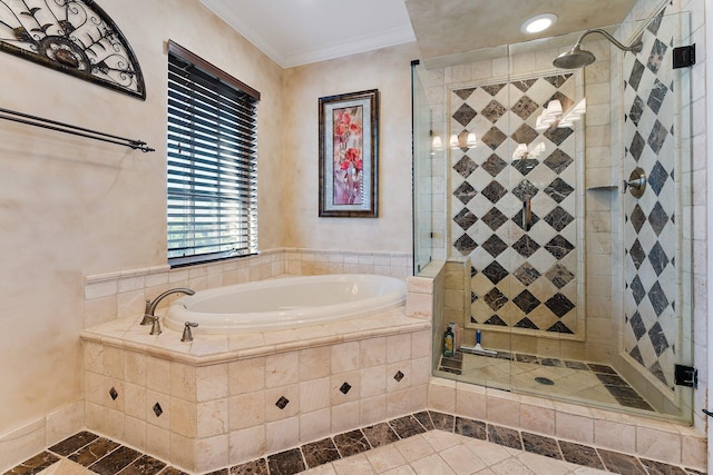 bathroom with tile patterned floors, shower with separate bathtub, and crown molding