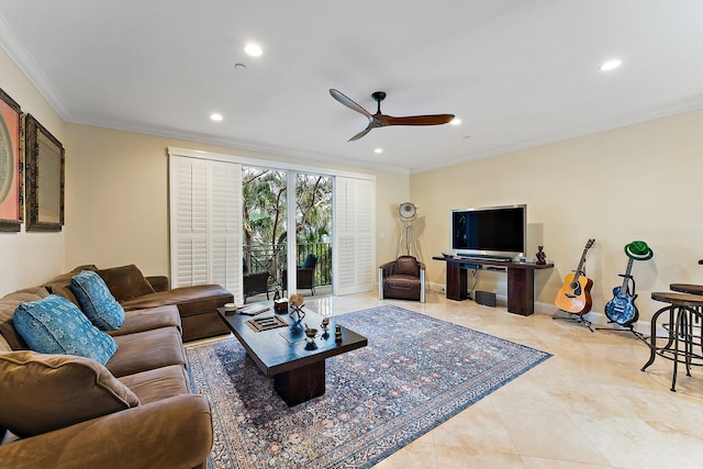 living room featuring ceiling fan and ornamental molding