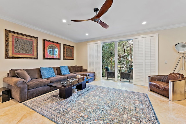 living room with ceiling fan and crown molding