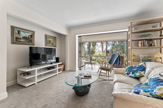 carpeted living room with a textured ceiling and crown molding