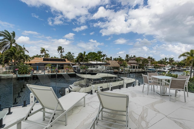 view of patio featuring a boat dock and a water view