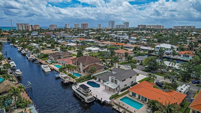 drone / aerial view featuring a water view