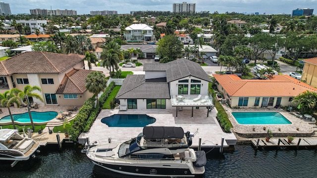 exterior space with a water view