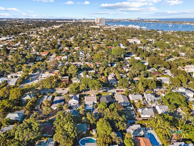 bird's eye view with a water view