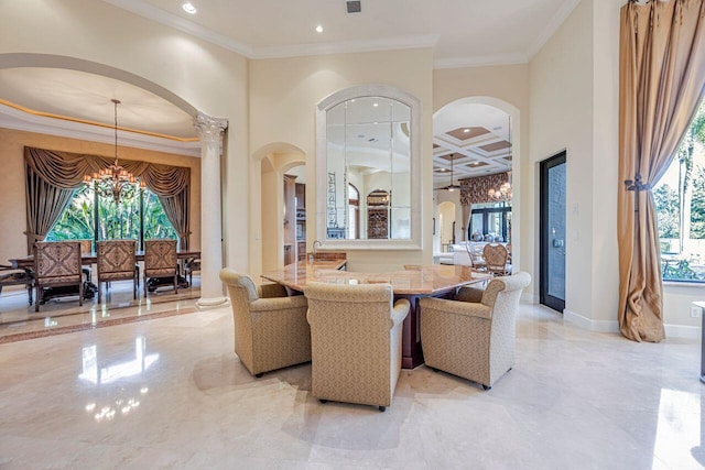 dining room featuring ornate columns, coffered ceiling, crown molding, beamed ceiling, and a chandelier