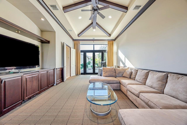 living room with light carpet, high vaulted ceiling, french doors, ceiling fan, and beamed ceiling