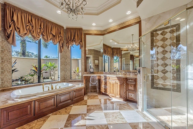 bathroom featuring a notable chandelier, crown molding, vanity, and a tray ceiling