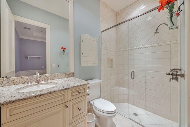 bathroom with vanity, toilet, a shower with shower door, and crown molding