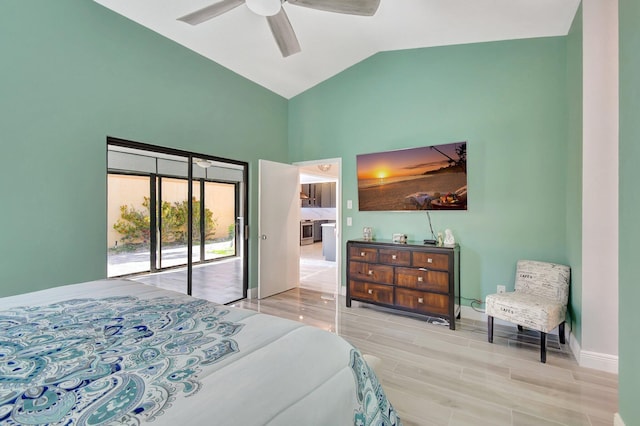 bedroom with access to outside, ceiling fan, light hardwood / wood-style floors, and lofted ceiling