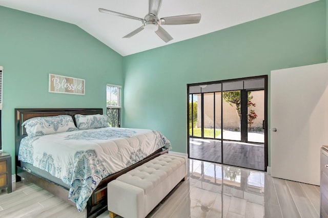 bedroom featuring access to outside, multiple windows, ceiling fan, and light hardwood / wood-style floors