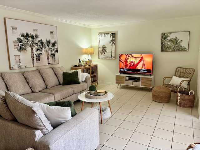 living room with crown molding and light tile patterned flooring